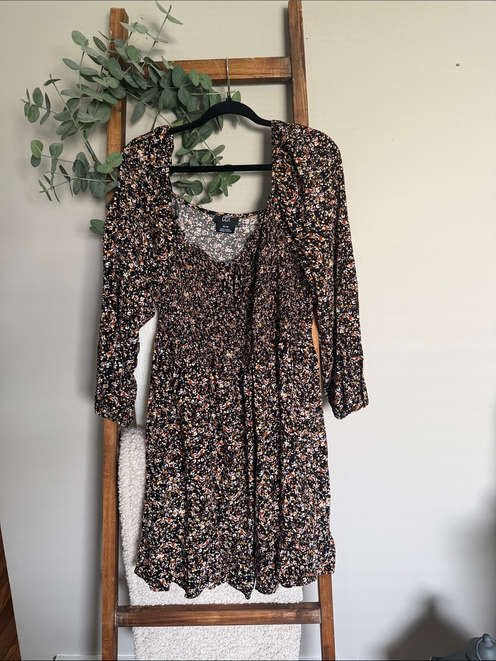 CCX Black Floral Long Sleeve Smocked Dress